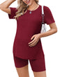 Ekouaer Maternity Sets 2 Piece Outfits Ribbed Knit Short Sleeve Shirts and Biker Shorts Pregnancy Loungewear Mama Clothes