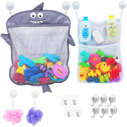 2 x Mesh Bath Toy Organizer + 8 Ultra Strong Hooks – The Perfect Bathtub Toy Holder & Bathroom or Shower Caddy – These Multi-use Net Bags Make Baby Bath Toy Storage Easy – For Kids & Toddlers