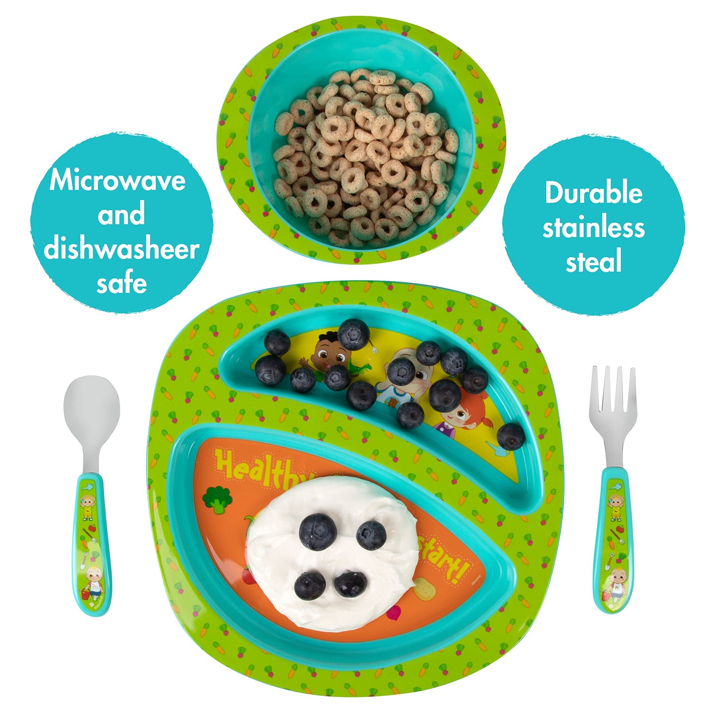 The First Years Bluey 4-Piece Place Setting - BPA Free Dishwasher Safe Toddler Dinnerware Set with Divided Plate, Bowl, Fork, Spoon - Multicolor