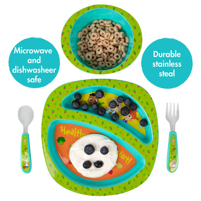 The First Years Bluey 4-Piece Place Setting - BPA Free Dishwasher Safe Toddler Dinnerware Set with Divided Plate, Bowl, Fork, Spoon - Multicolor