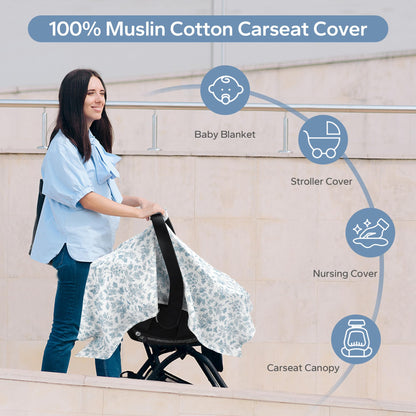 SERAPHY 100% Muslin Cotton Car Seat Covers for Babies, Universal Baby Car Seat Cover, Breathable Muslin Carseat Cover Canopies for Boys and Girls, Soft Infant Car Seat Cover for Summer — Rabbits