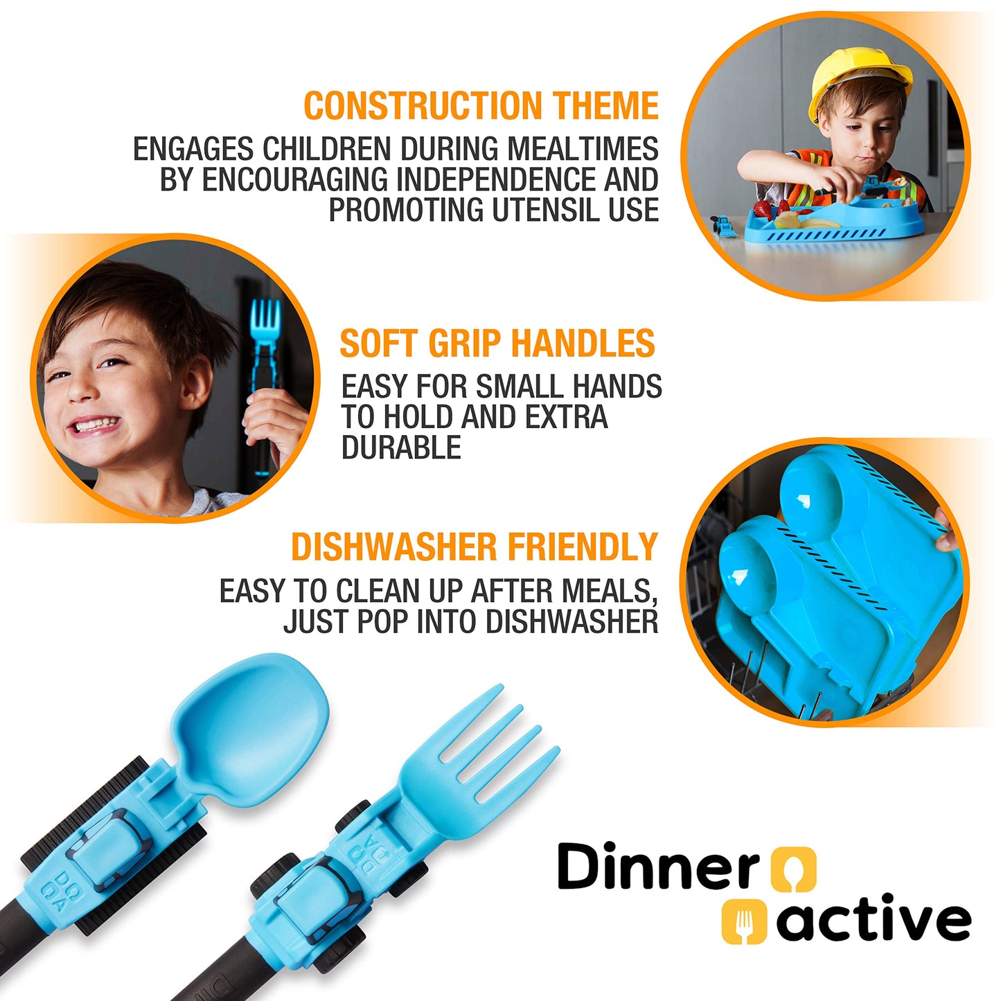 Dinneractive Utensil Set for Kids – Construction Themed Toddler Forks and Spoons, Toddler Utensils – 2PC Set – Fuchsia Construction Utensils For Toddlers - Loader & Tractor Toddler Spoons and Forks