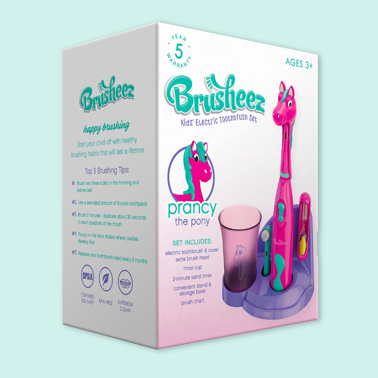 Brusheez Kids’ Electric Toothbrush Set - Safe & Effective for Ages 3+ - Parent Tested & Approved with Gentle Bristles, 2 Brush Heads, Rinse Cup, 2-Minute Timer, & Storage Base (Sparkle The Unicorn)