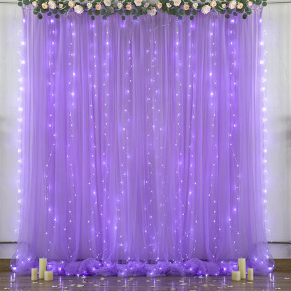 White Tulle Backdrop Curtain with Lights String for Parites 10×8ft Sheer Backdrop Curtains White Curtain Backdrop for Wedding Baby Shower Birthday Party Photo Shoot Decorations(2 Panels 10ft×8ft)