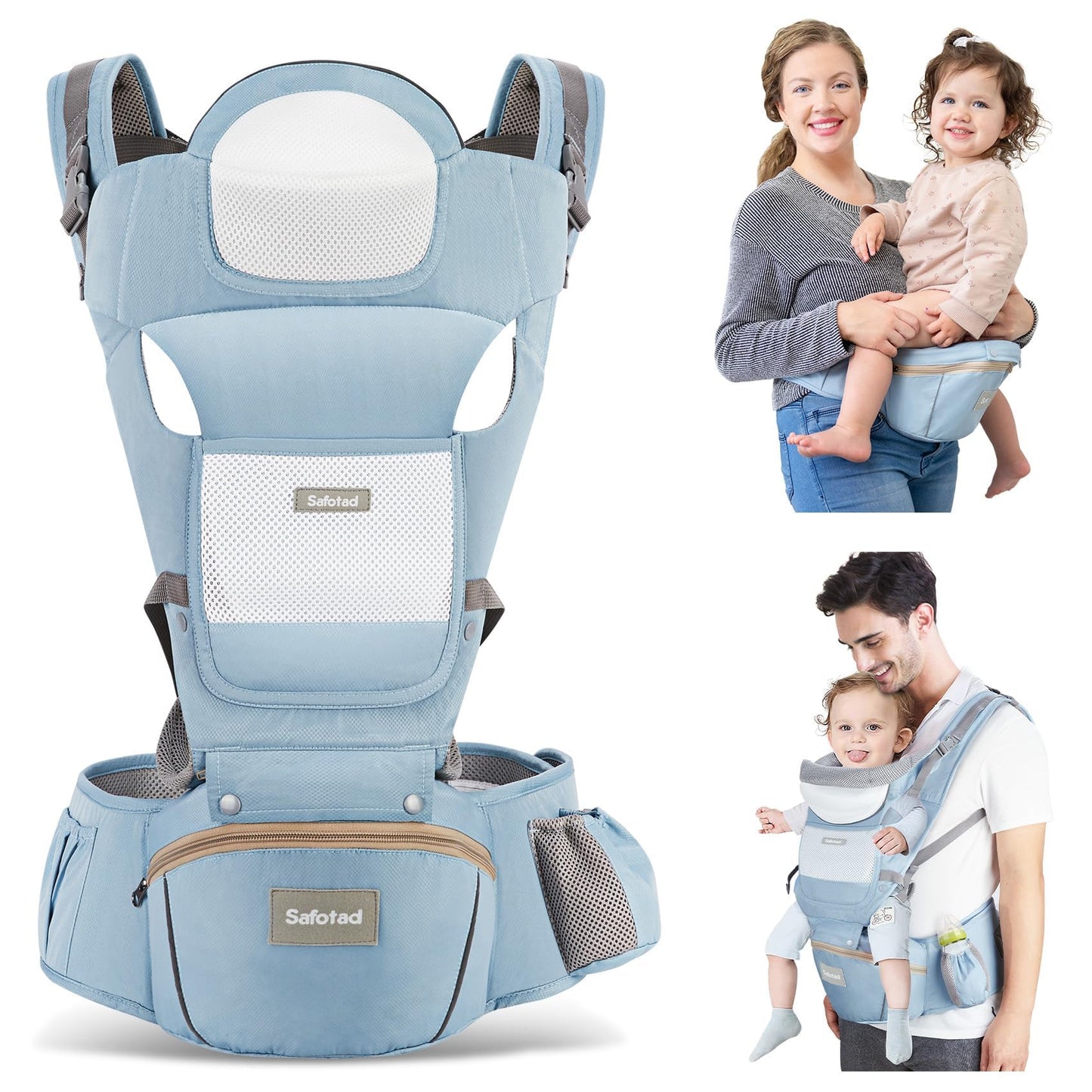 Baby Carrier with Hip Seat,Ergonomic M Position 6in1 Baby Carrier Newborn to Toddler,Head Support and Breathable Mesh Newborn Carrier,Adjustable Baby Holder Carrier for Dad&Mom-Grey