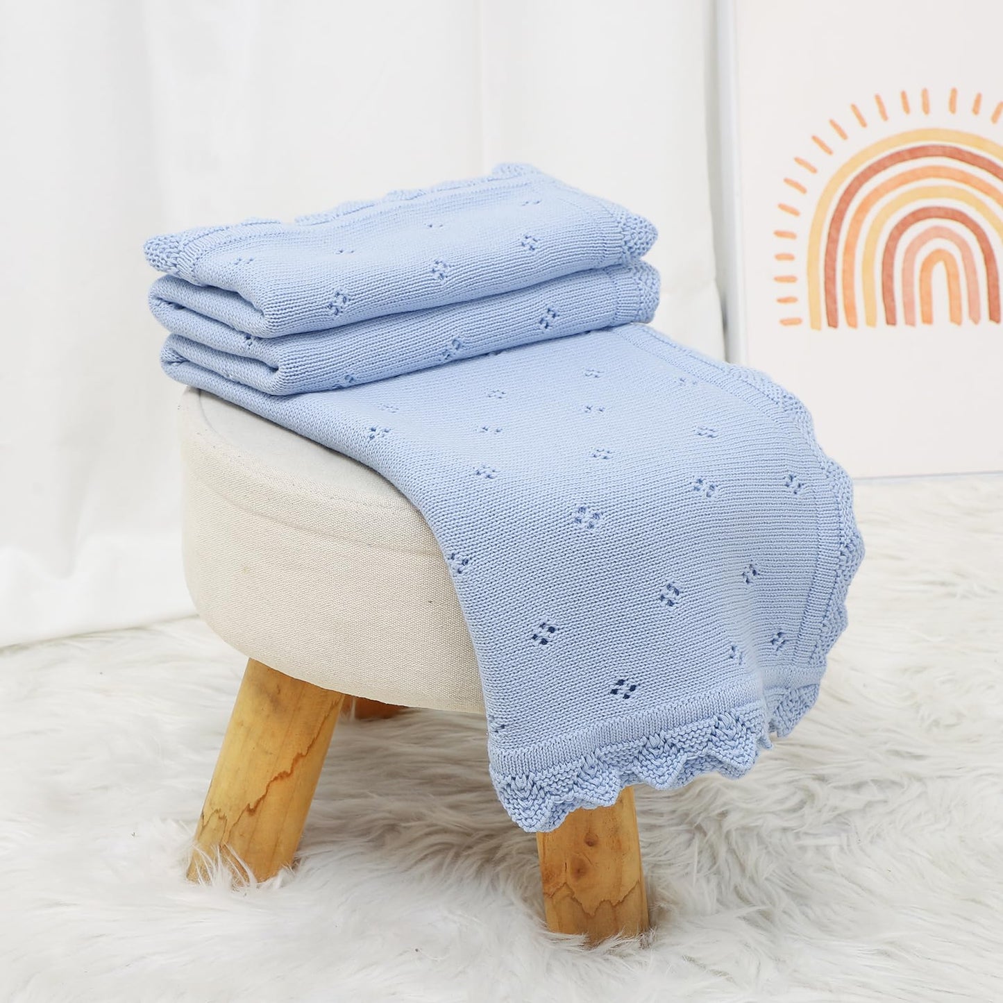 mimixiong Cotton Baby Blanket Knitted Crochet Receiving Crib Nursery Swaddling Blankets for Newborn Baby Boy Girl Off White 30x40 Inch
