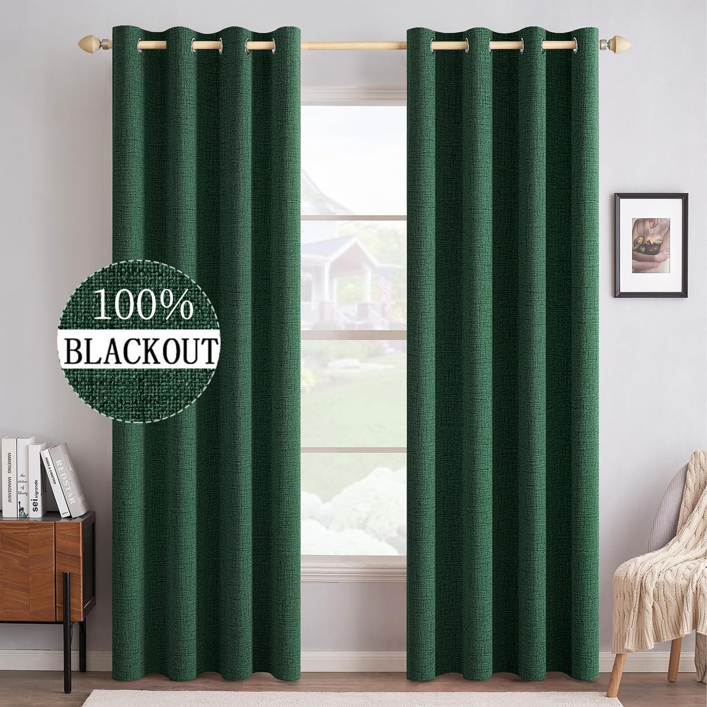MIULEE 100% Blackout Linen Textured Curtains for Bedroom Solid Thermal Insulated Natural Beige Grommet Room Darkening Curtains & Drapes Luxury Decor for Living Room Nursery 52 x 84 Inch (2 Panels)