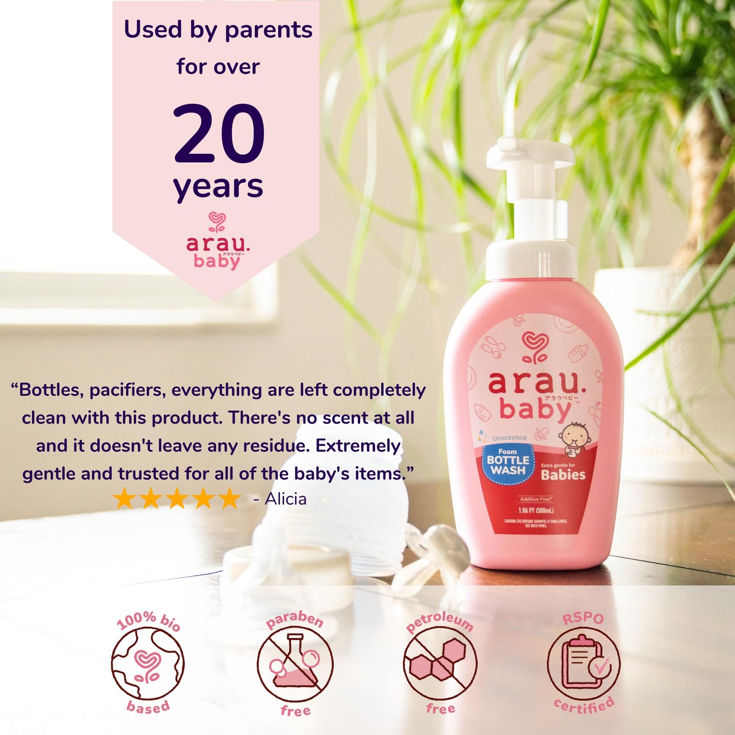 Unscented Foam Bottle Wash, Natural Plant Based Baby Bottle & Dish Soap, No Artificial Fragrance or Additives, Gentle for Washing Bottles, Pacifiers and Toys, Easy Rinse, 15.21 Fl Oz
