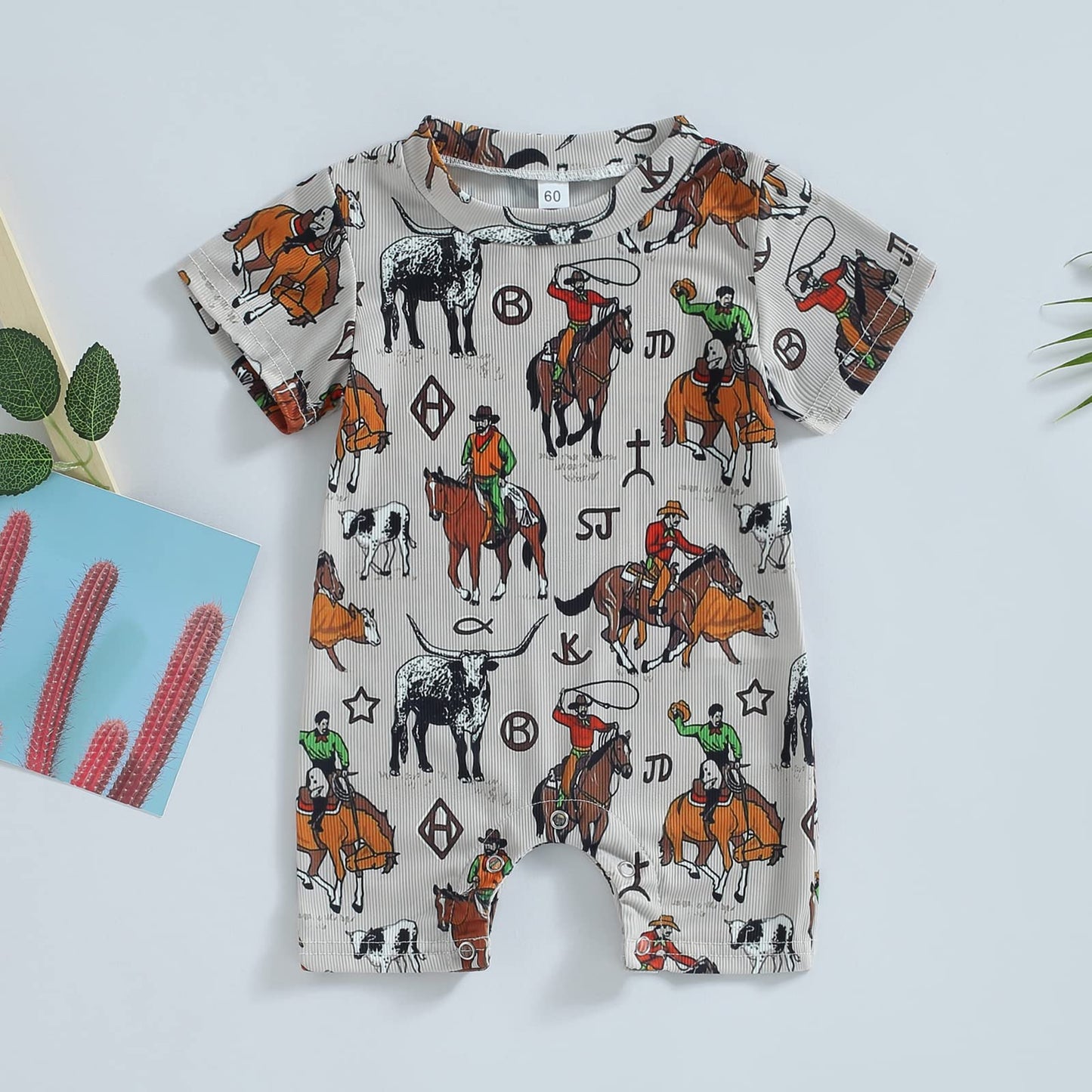 Gueuusu Country Baby Clothes Boy Girl Western Cow Print Short Sleeve Romper Bodysuit Ribbed One Piece Jumpsuit Summer Outfit