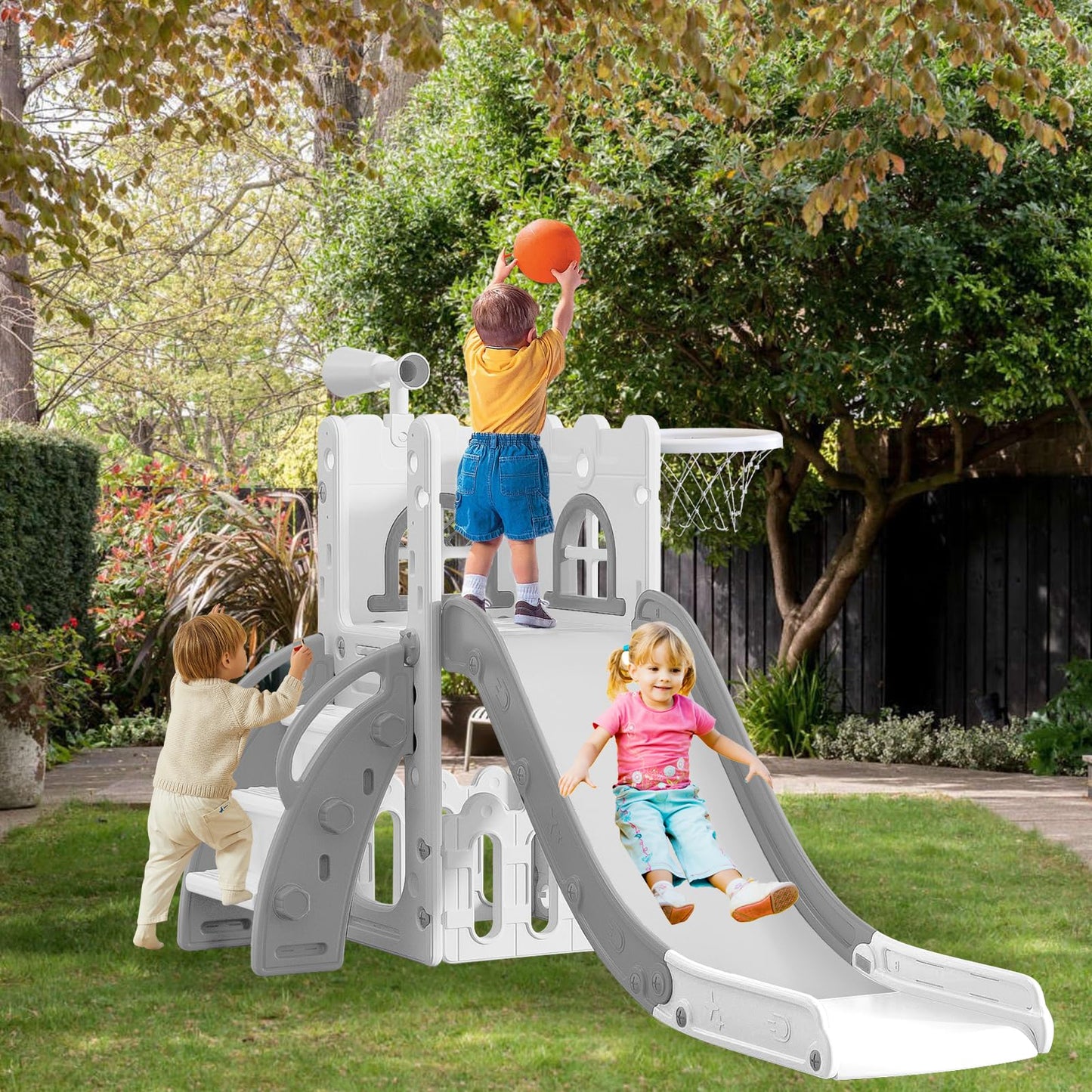 6 in 1 Toddler Slide for Toddler Age 1-3,Kids Climber Slider for Indoor Outdoor Playground with Basketball Hoop,Storage and Telescope,L Shaped Slide for Toddler Climber Playset