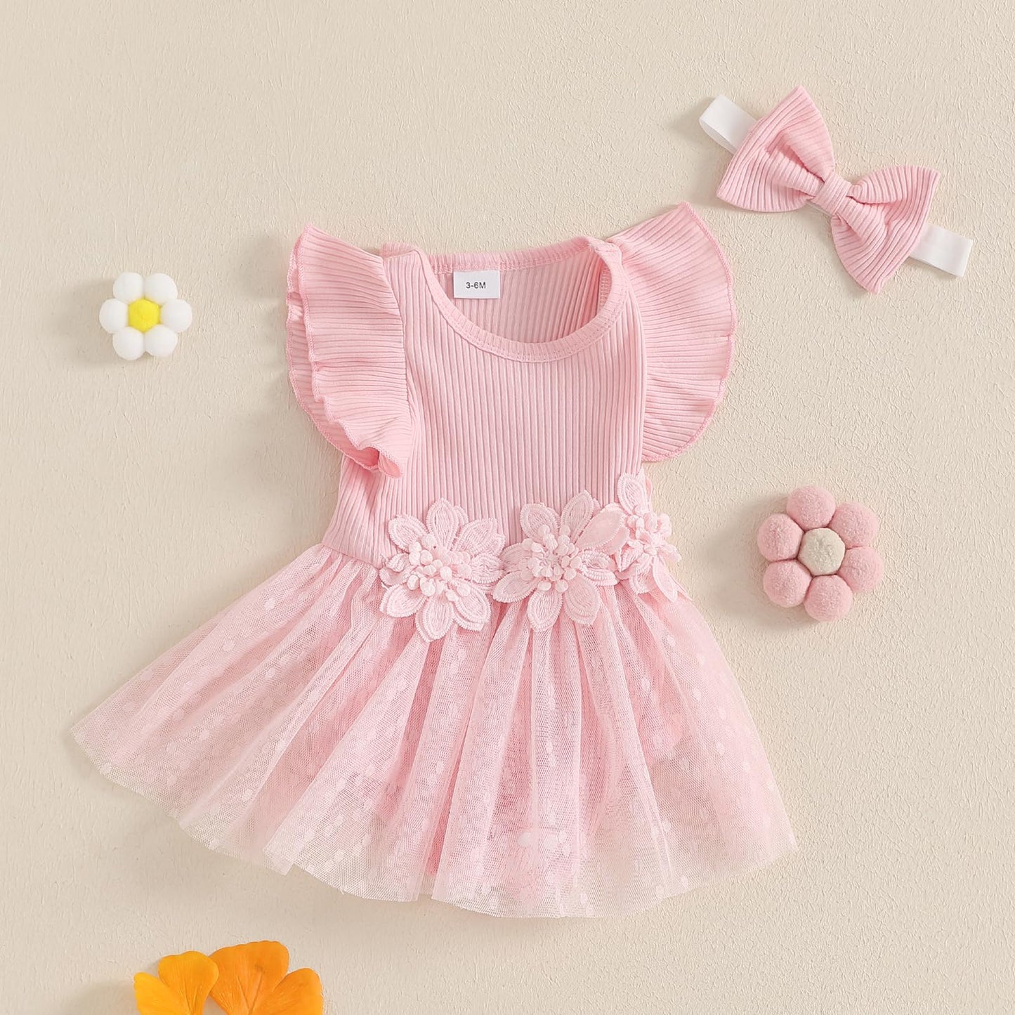 Hnyenmcko Newborn Baby Girl Summer Romper Dress Infant Fly Sleeve Flower Embroidery Mesh Tulle Skirt Hem Ribbed Bodysuit