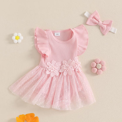 Hnyenmcko Newborn Baby Girl Summer Romper Dress Infant Fly Sleeve Flower Embroidery Mesh Tulle Skirt Hem Ribbed Bodysuit