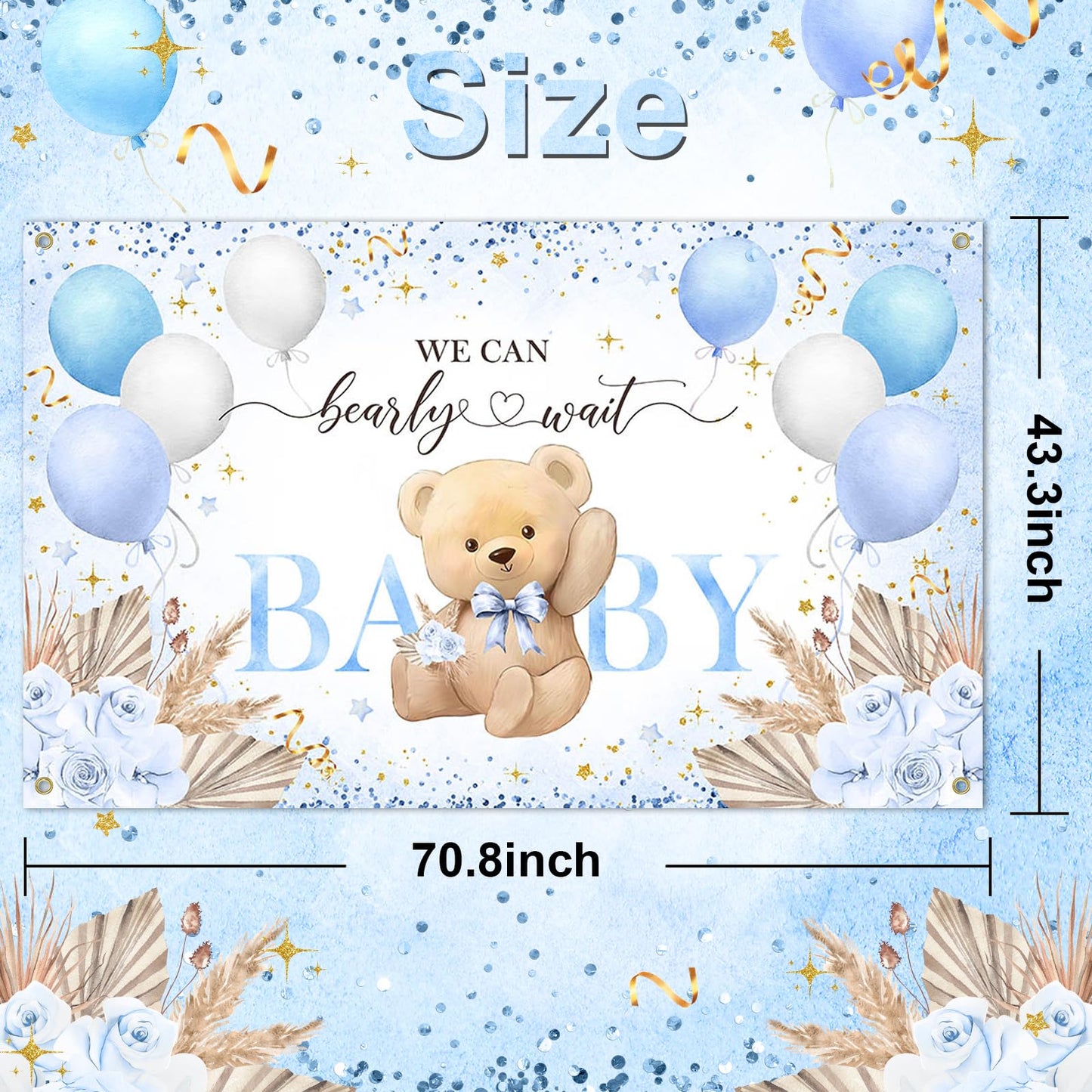 Blue Bear Baby Shower Backdrop 6x3.6 ft We Can Bearly Wait Banner for Boy Bear Baby Shower Decorations Newborn Photo Props Background