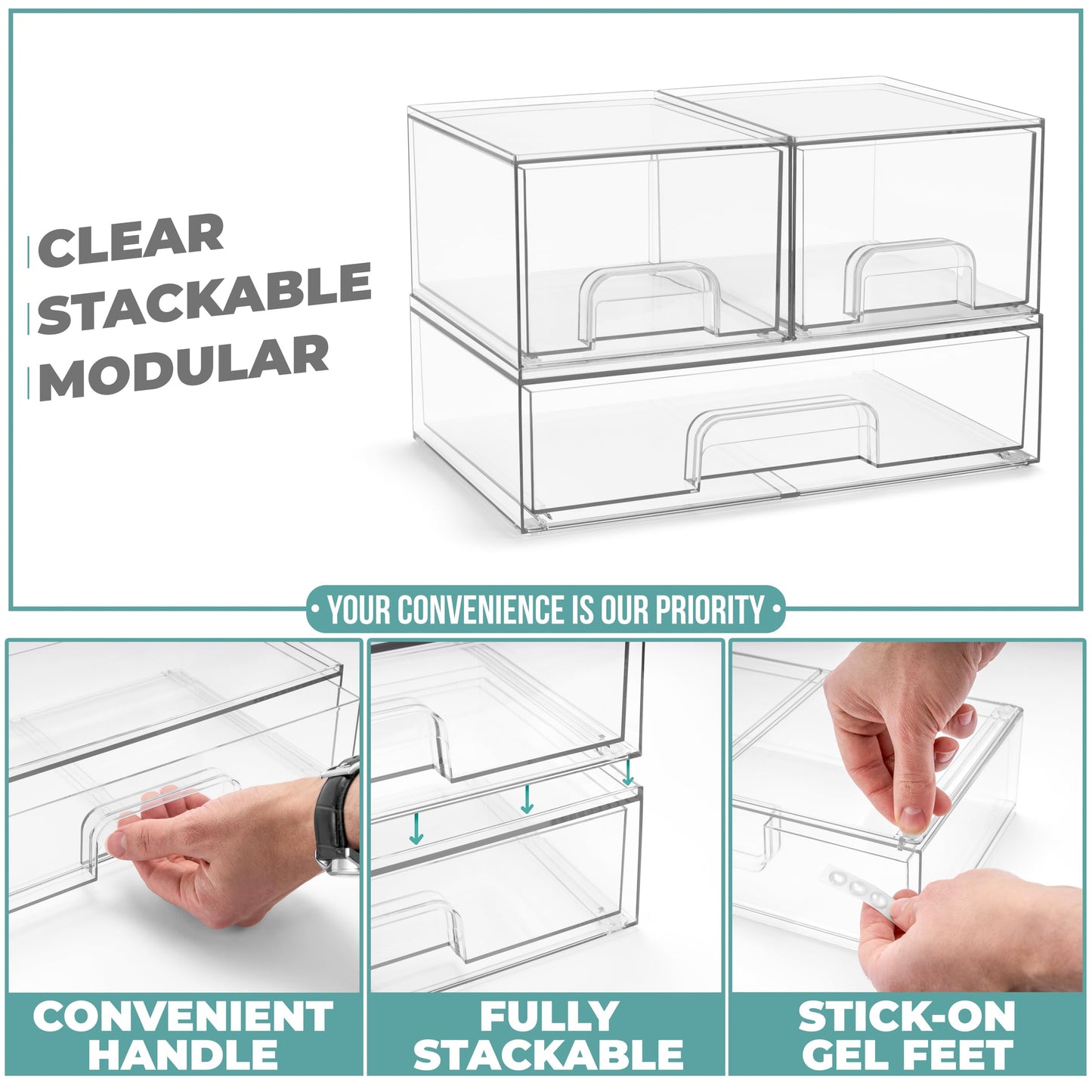 Sorbus Acrylic Storage Containers - 2 Pack, Stackable Storage Bins Set for Bathroom Organization - Clear Acrylic Drawer Organizers - Makeup Case Pull-Out Drawers (7.6’’ and 4.4’’ Tall)