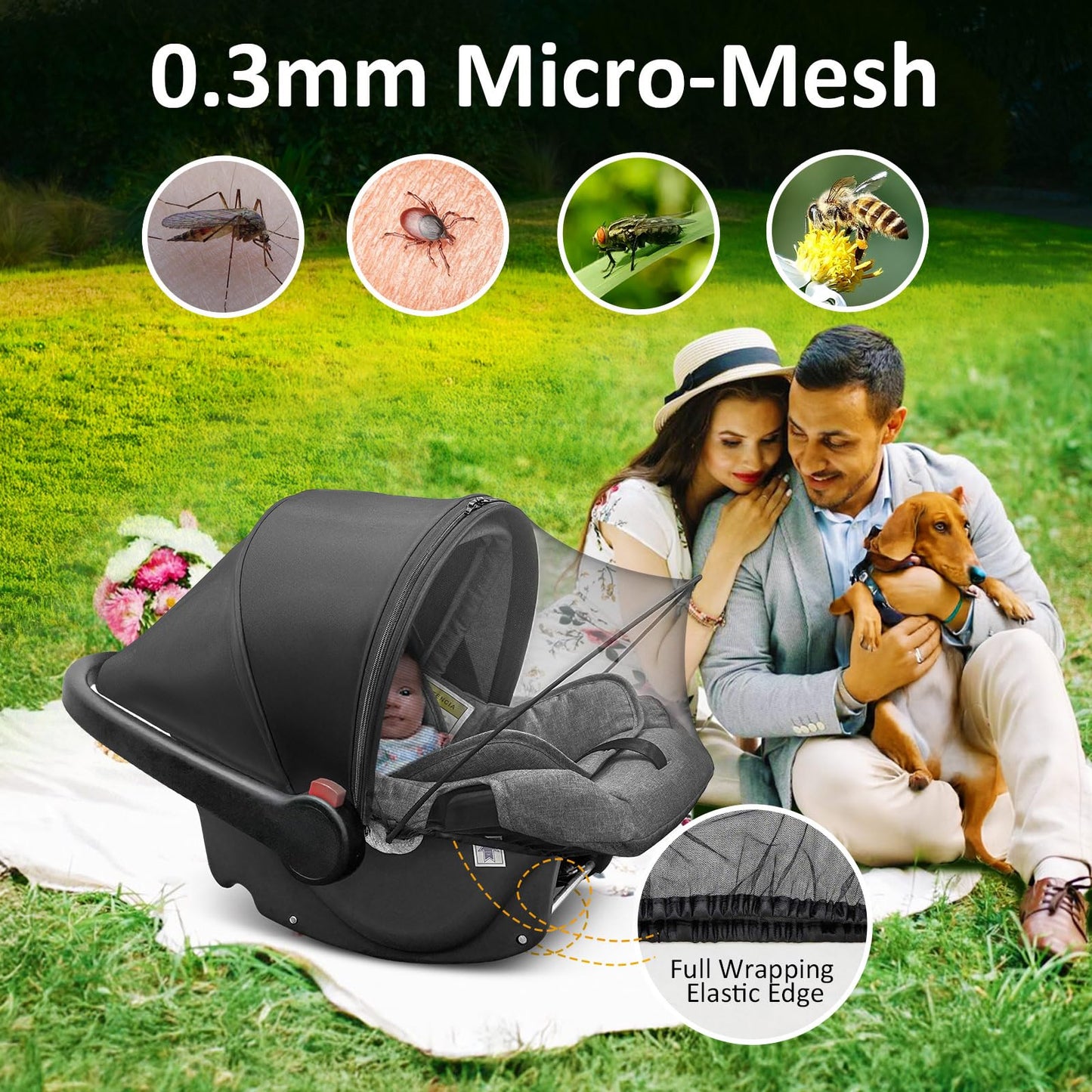 Universal Car Seat Canopy, Baby Car Seat Cover, Mosquito Net with Sunshade & Zipper - Breathable Mesh Infant Bug Net for Baby | Elastic Edge, Portable & Machine Washable