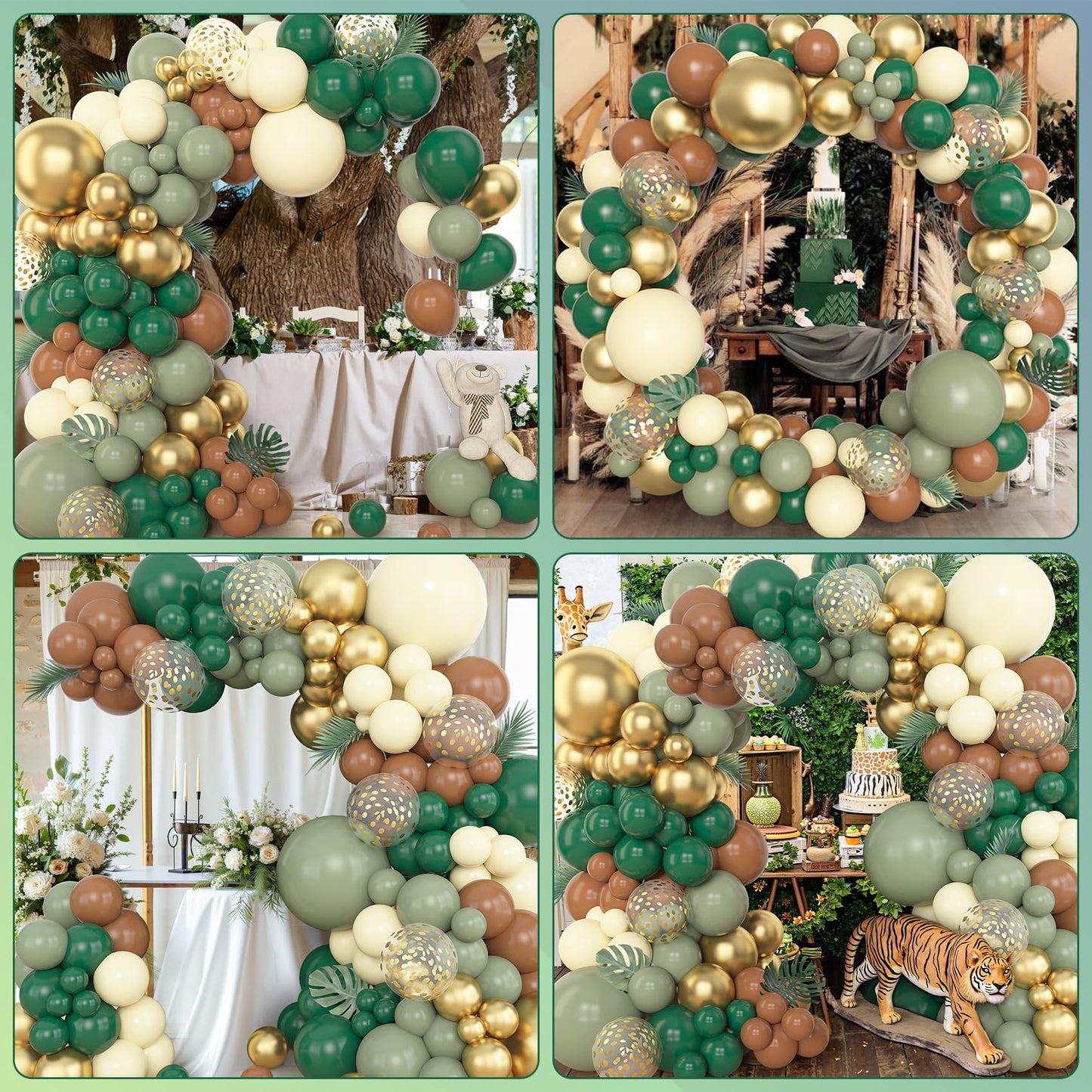 Amandir 153pcs Sage Green Balloon Garland Arch Kit, Different Sizes 18 12 10 5 inch Green Blush Gold Latex Metallic Confetti Gold Balloons for Birthday Baby Shower Wedding Safari Forest Decorations