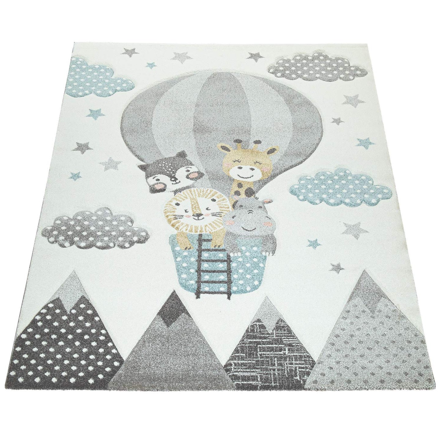 Kids Rug with Cute Animals on a Hot Air Balloon Ride in Pastel, Size: 2'8" x 4'11"