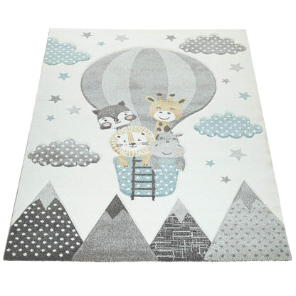 Kids Rug with Cute Animals on a Hot Air Balloon Ride in Pastel, Size: 2'8" x 4'11"