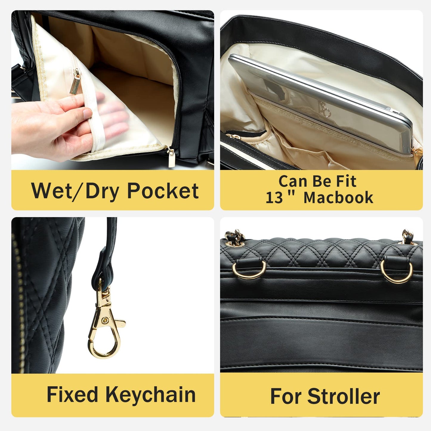 miss fong Diaper Bag Backpack Baby Diaper Bag for baby boy and girls, Leather Baby Bag with 13 diaper bag organizing pouches, Changing Pad, Stroller Straps and 4 Insulated Pockets(Black)
