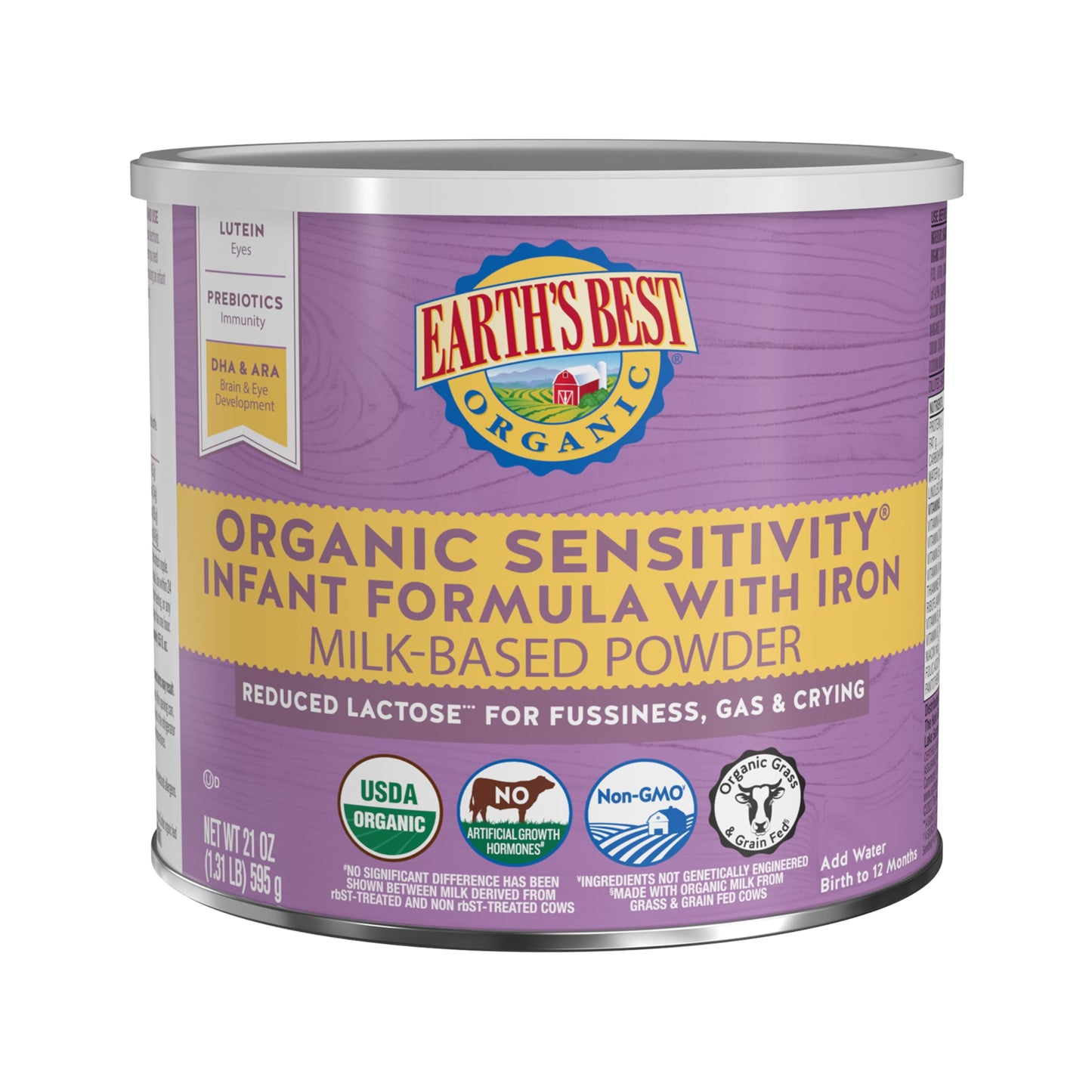 Earth's Best Organic Sensitivity Infant Formula for Babies 0-12 Months, Reduced Lactose Powder Formula with Iron, Omega-3 DHA, and Omega-6 ARA, 21 Ounce Container