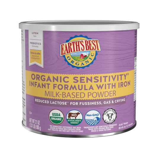 Earth's Best Organic Sensitivity Infant Formula for Babies 0-12 Months, Reduced Lactose Powder Formula with Iron, Omega-3 DHA, and Omega-6 ARA, 21 Ounce Container