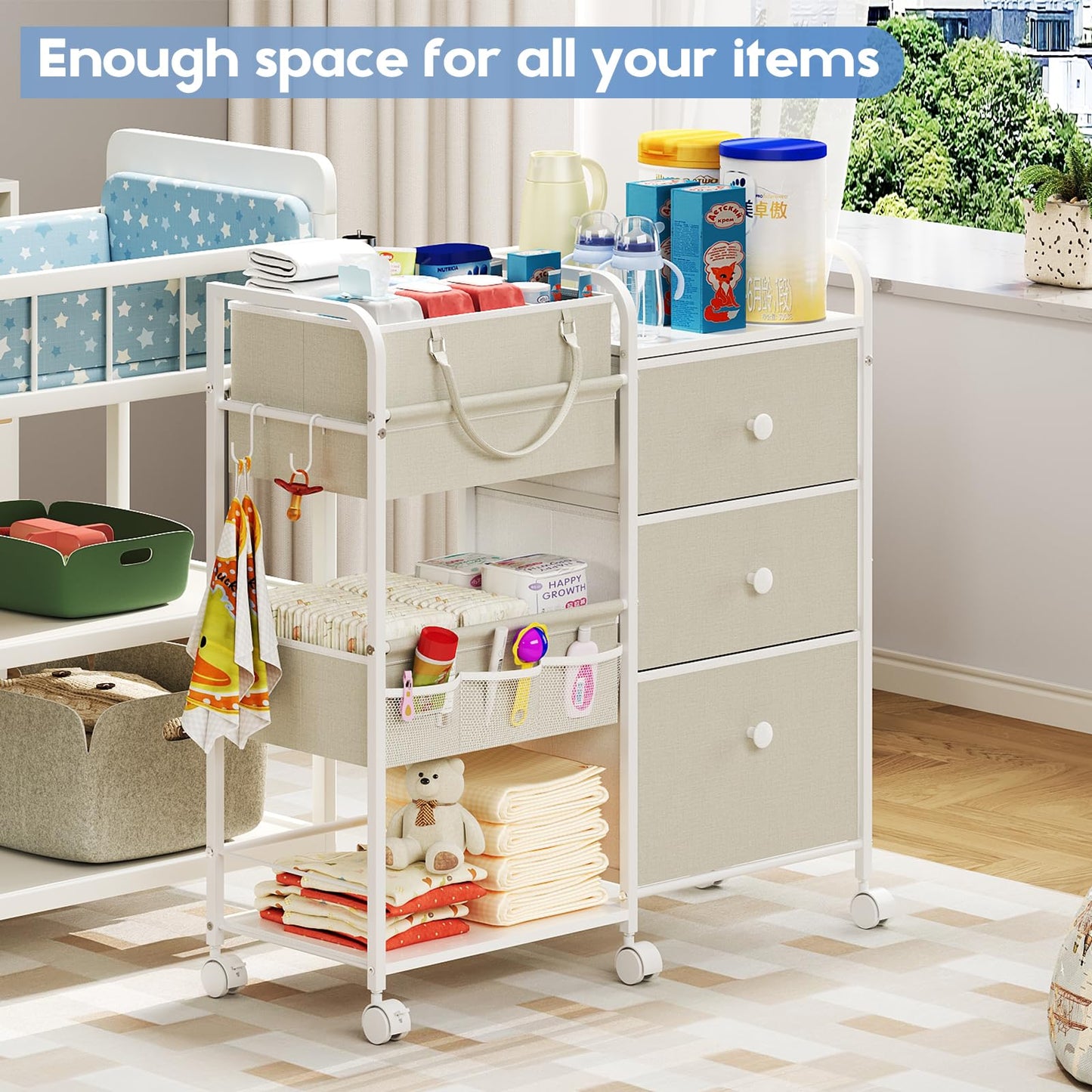 2In1 Baby Diaper Caddy Organizers and Storage, 3-Tier Rolling Diaper Cart, Diaper Caddy Organizer with Dividers and Drawers, Mobile Utility Cart for Changing Table, Crib Nursery, Bedroom