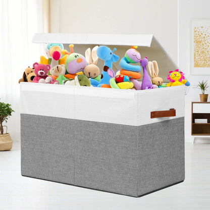 Large Toy Storage Box with Lid, Sturdy Toys Storage Chest Bin Organizer Basket with Dividers for Kids, Boys, Girls, Nursery, Closet, Bedroom, Playroom 25"x13" x16" (Beige and White)