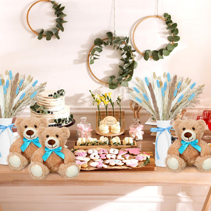 6 Sets 123 Pcs Baby Shower Table Centerpieces Dried Pampas Decor Bear Stuffed Ceramic Look Plastic Vase with Bow for Boho Wedding Bridal Shower Flowers Table Decorations(Brown,Neutral)