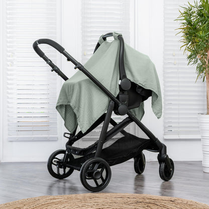 Comfy Cubs Baby Car Seat Cover - Soft, Breathable Bamboo Rayon and Muslin Cotton Blend - Lightweight Canopy for Sun, Bug, and Comfort Protection - Large Size Infant Seat Cover in Sage Design