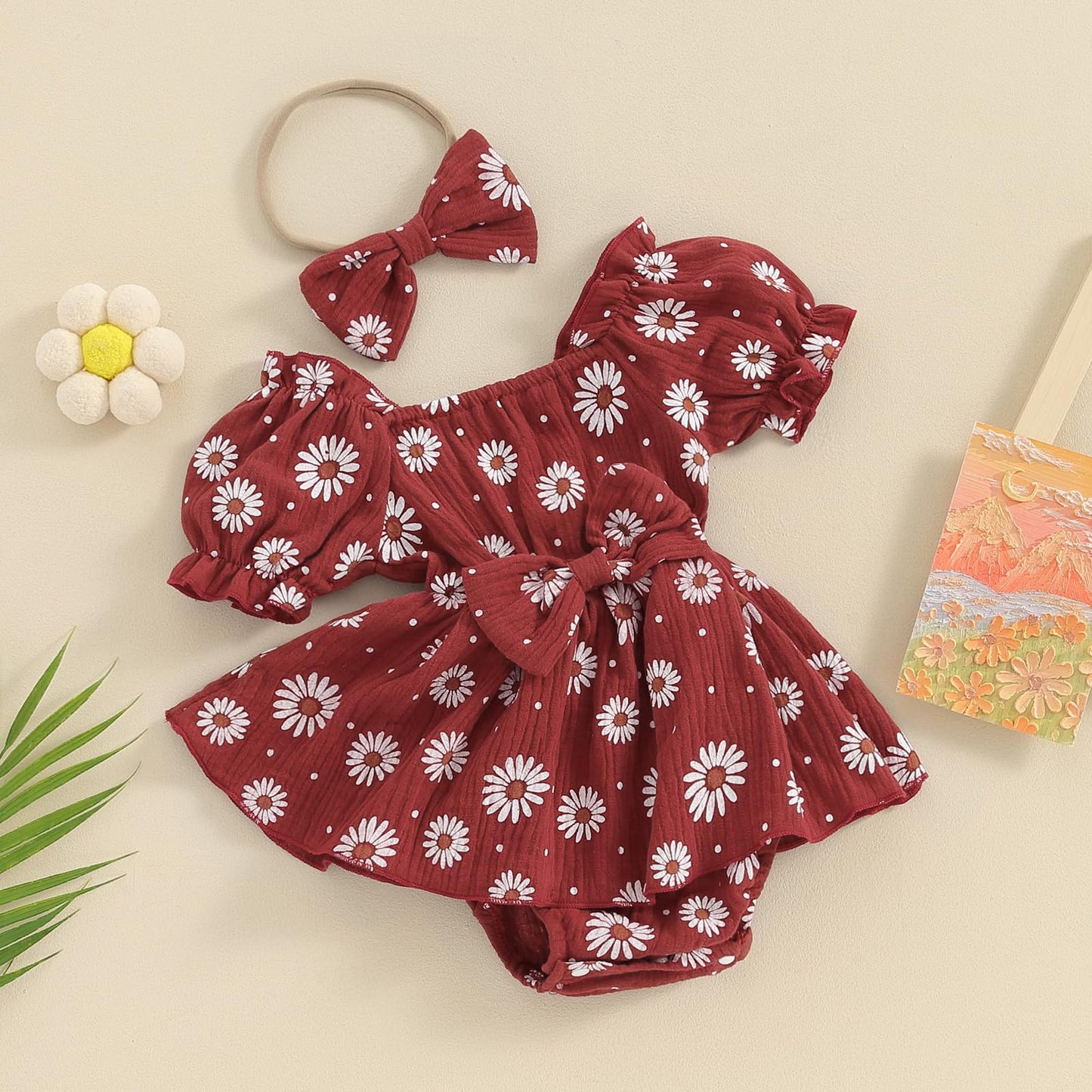 Baby Girls Daisy Romper Bowknot Bodysuit+Headband Short Sleeve Playsuits Floral Jumpsuit Infant Summer Clothes