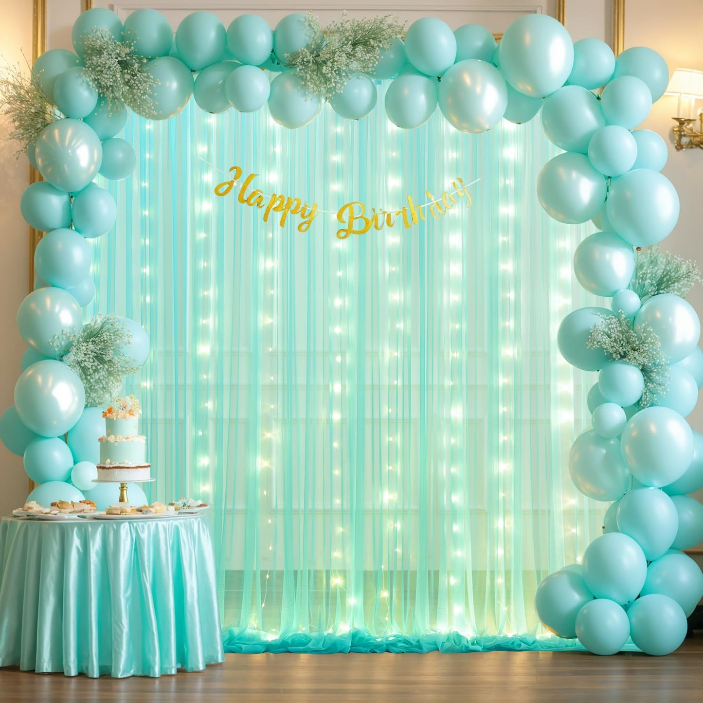 White Tulle Backdrop Curtain with Lights String for Parites 10×8ft Sheer Backdrop Curtains White Curtain Backdrop for Wedding Baby Shower Birthday Party Photo Shoot Decorations(2 Panels 10ft×8ft)