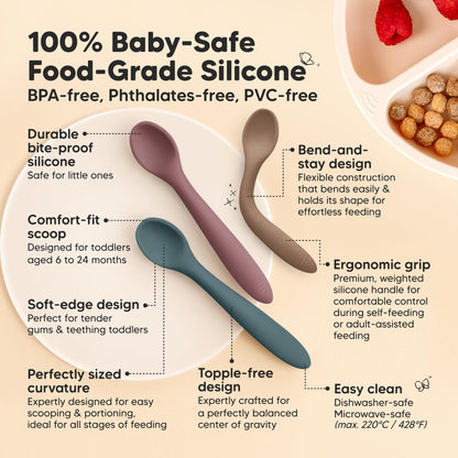 KeaBabies Silicone Baby Spoons, Self Feeding 6-12 months - 3-Pack Baby Weaning Eating Utensils, Toddler First Food Training Spoon, Infant, Kids Feeding Supplies Essential Set, Dishwasher-safe (Slate)