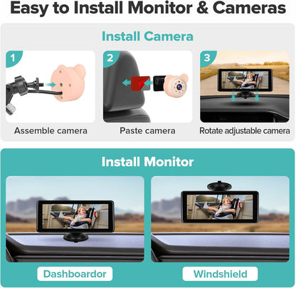 Baby Car Camera Backseat,6.86" Display Monitor,HD 1080P,Clear Wide View,IR Night Vision,Rear Facing Seat Camera for 2-Kids