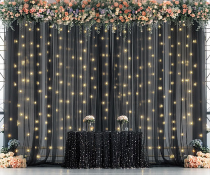 White Tulle Backdrop Curtain with Lights String for Parites 10×8ft Sheer Backdrop Curtains White Curtain Backdrop for Wedding Baby Shower Birthday Party Photo Shoot Decorations(2 Panels 10ft×8ft)