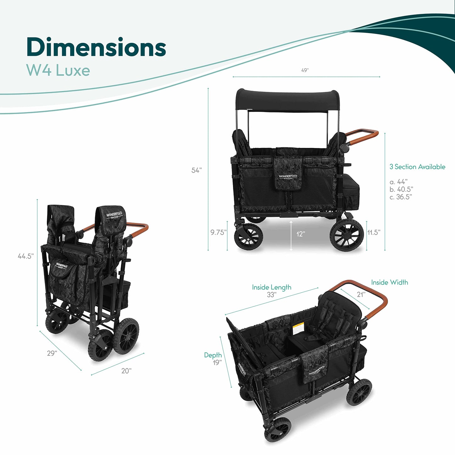WONDERFOLD W4 Luxe Quad Stroller Wagon Featuring 4 High Face-to-Face Seats with Magnetic Buckle 5-Point Harnesses and Adjustable/Removable UV-Protection Canopy, Hunter Green
