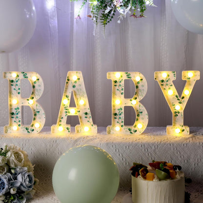 Woodland Greenery Centerpieces Baby Marquee Light up Sign Letters 8.26'' Baby Shower Letter Battery Operated Gender Reveal Birthday Party Decor for Home Table(Eucalyptus Leaf Baby,Green)