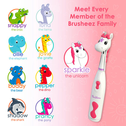 Brusheez Kids’ Electric Toothbrush Set - Safe & Effective for Ages 3+ - Parent Tested & Approved with Gentle Bristles, 2 Brush Heads, Rinse Cup, 2-Minute Timer, & Storage Base (Sparkle The Unicorn)