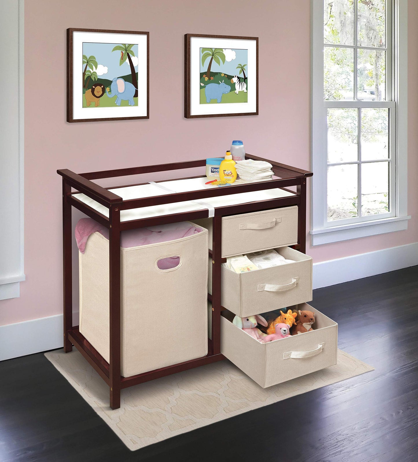 Badger Basket Modern Baby Changing Table - Portable Diaper Station with 3 Drawers Pad & Hamper - Storage Organizer for Baby Clothes, Diapers & Toys - Fresh White/White (34.25 x 20.75 x 34.5)