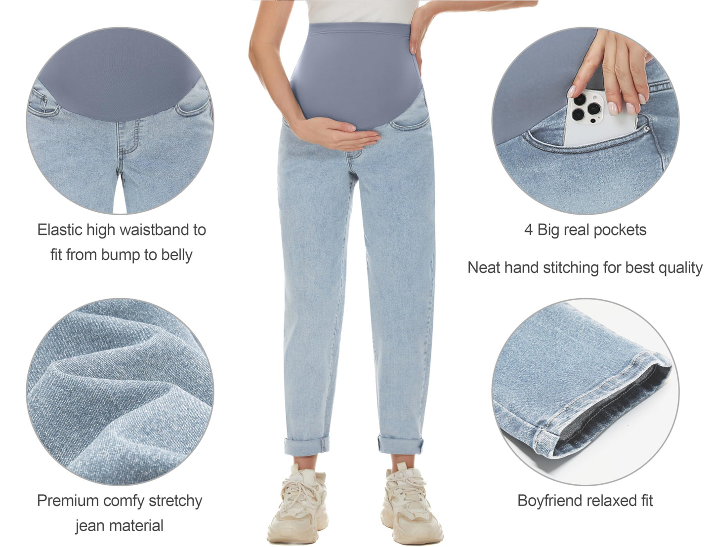 POSHGLAM Women's Maternity Jeans Over Belly Comfy Stretch Boyfriend Jeans Loose Pregnancy Pants, S-XXL