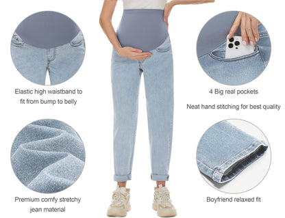 POSHGLAM Women's Maternity Jeans Over Belly Comfy Stretch Boyfriend Jeans Loose Pregnancy Pants, S-XXL