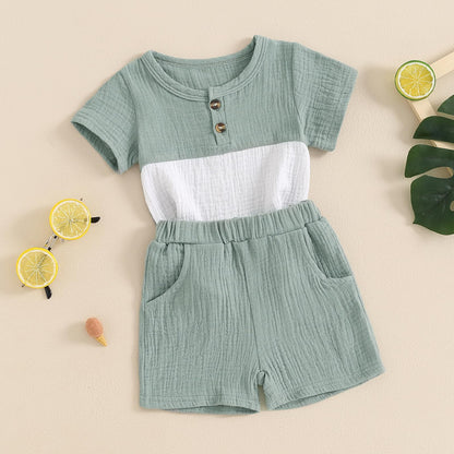 fhutpw Baby Boy Summer Outfits Henley Shirt Soft Pocket Short Sleeve Tops & Shorts Sets Infant 3 6 12 18 Months 2T Clothes