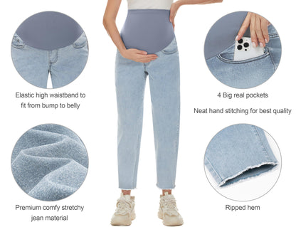 POSHGLAM Women's Maternity Jeans Over Belly Comfy Stretch Boyfriend Jeans Loose Pregnancy Pants, S-XXL