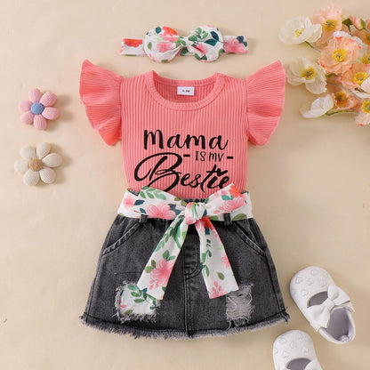 Baby Girl Clothes Newborn Romper Ruffle Sleeve Short Jeans Skirt with Headband Infant Outfits Set 0-18 Months