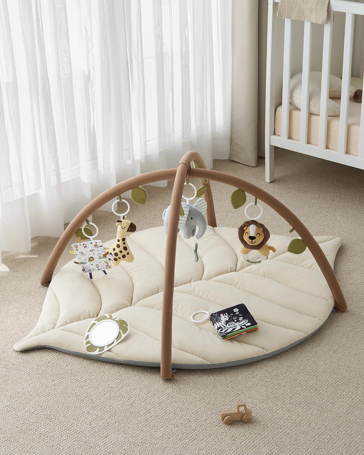 Blissful Diary Baby Play Gym & Activity Mat, Oversize Leaf Shaped Baby Play Mat w 6 Detachable Toys, Tummy Time Mat Promote Motor Skills & Sensory Development Mat, Newborn Infant Baby Essentials Gift