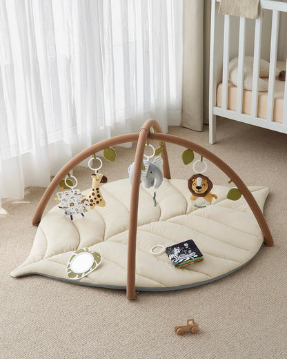 Blissful Diary Baby Play Gym & Activity Mat, Oversize Leaf Shaped Baby Play Mat w 6 Detachable Toys, Tummy Time Mat Promote Motor Skills & Sensory Development Mat, Newborn Infant Baby Essentials Gift