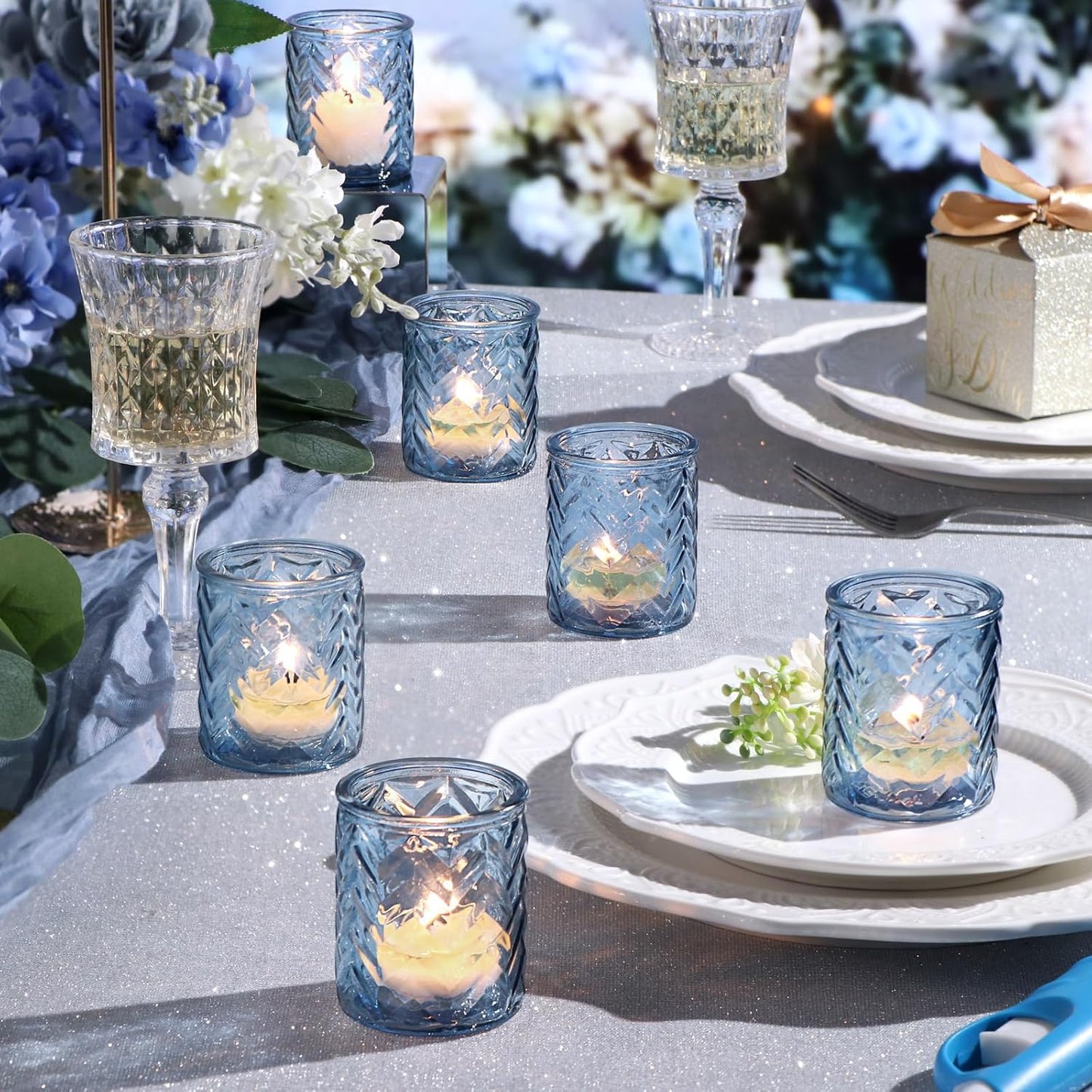 LAMORGIFT 12 PCS Blue Tealight Holders - Blue Votive Candle Holders for Wedding Party Decorations - Bulk for Wedding Reception, Bridal Shower, Baby Shower Party Decor
