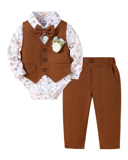 SANMIO Baby Boy Clothes Suits Infant Gentleman Outfit Collared Dress Shirt+Vest+Tie+Corsage+Pants 5Pcs Baby Suit Sets