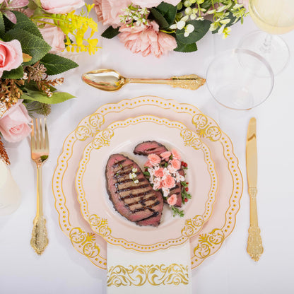 Ciaell 175 PCS White and Gold Plastic Plates - Fancy Gold Disposable Dinnerware Set with of 25 Dinner Plates, 25 Salad Plates, 25 Knives, 25 Forks, 25 Spoons, 25 Cups, 25 Napkins for Weddings Party