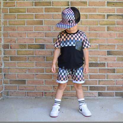 Toddler Baby Boy Summer Clothes Set Short Sleeve Checkered Tops & Shorts Novelty Color Block Outfits