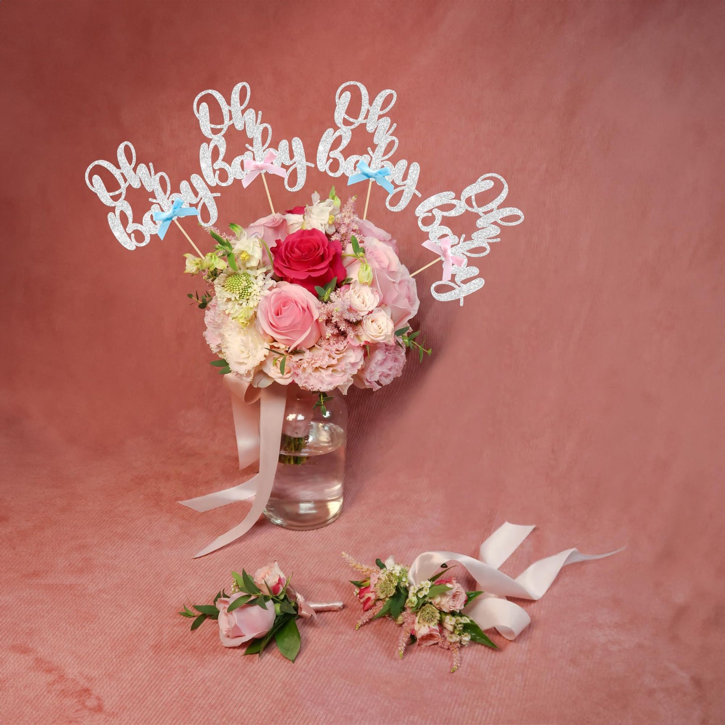Gyufise 12Pcs Oh Baby Centerpiece Sticks Double Sided Blue Pink Bow Glitter Baby Shower Cupcake Picks Gender Reveal Table Flower Centerpieces for Baby Shower Birthday Party Supplies Gold
